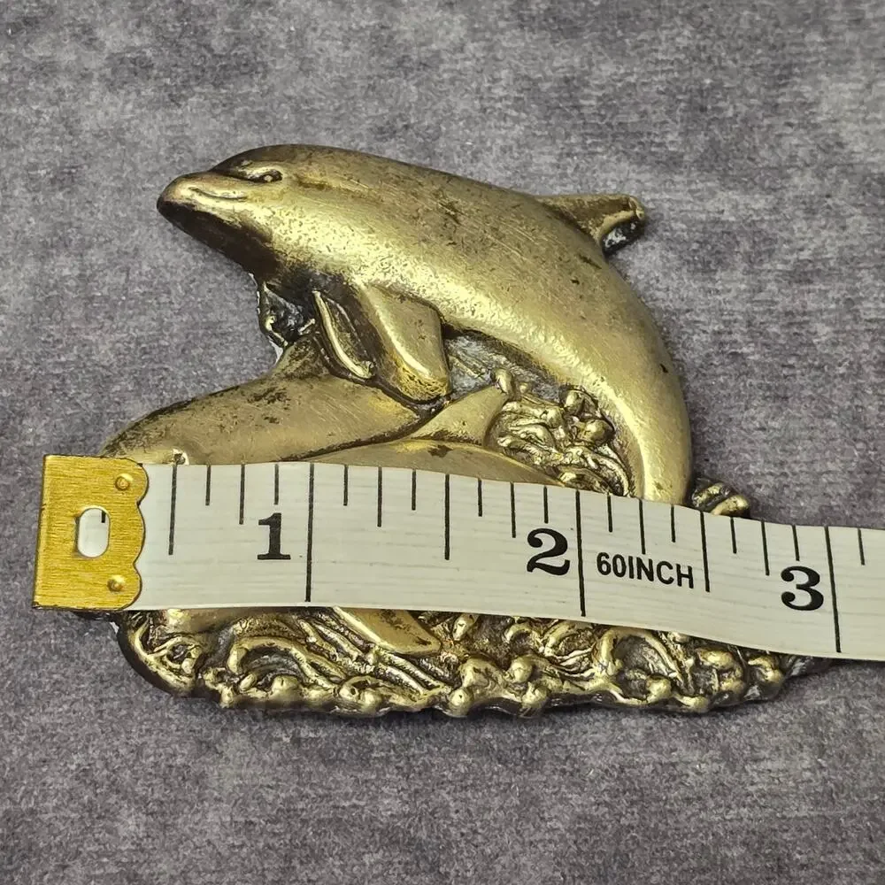 Vintage Pot Metal Brass Stone Cut Out Pod of Three Dolphins Swimming Belt Buckle
